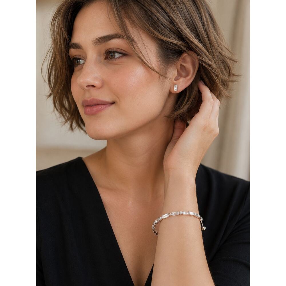 Danecraft Fine Silver Plate Cubic Zirconia Bracelet & Earrings Set Baguette NIB